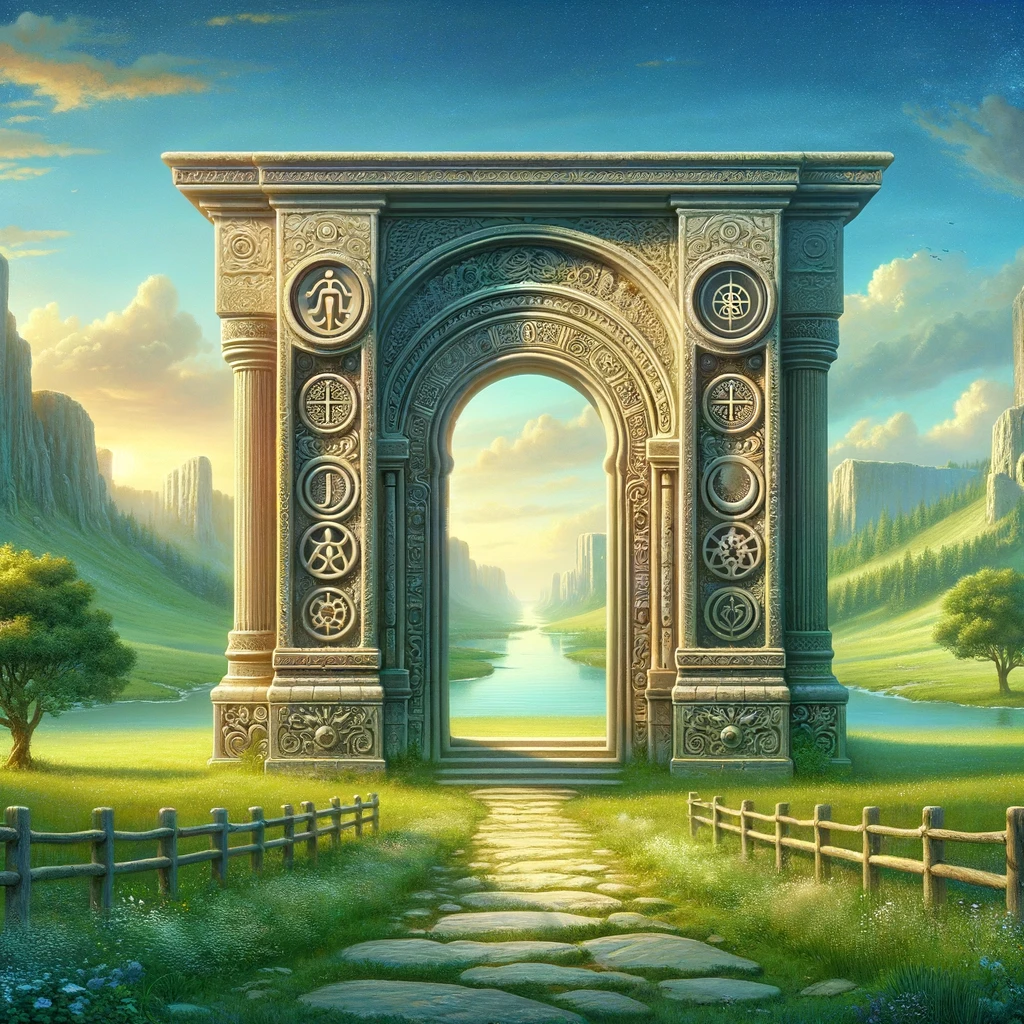An ancient, ornately decorated gate in a serene landscape, symbolizing the journey to self-mastery.